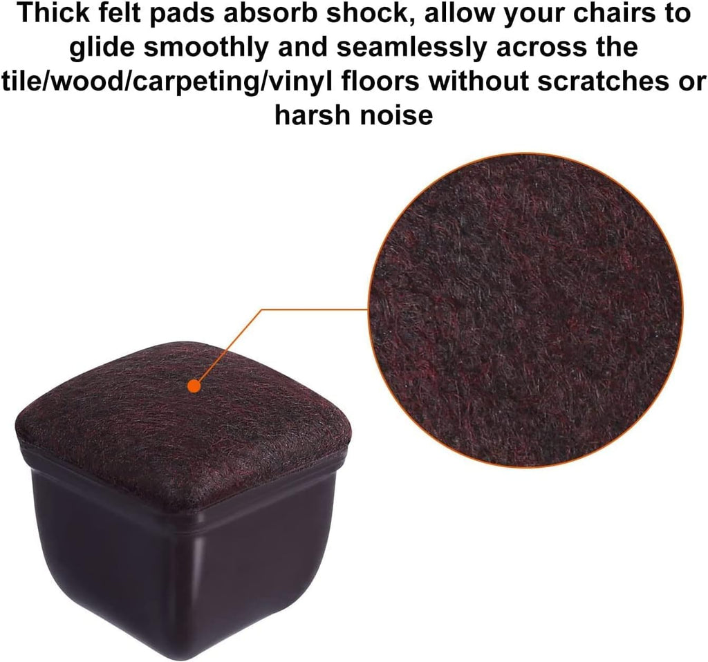 Ezprotekt 24 Pcs Square Chair Leg Floor Protectors with Felt, Silicone Felt F for Hardwood Floor, Dining Table Leg Caps Covers No Scratches (L Fit: 1" - 1.4", Dark Brown)