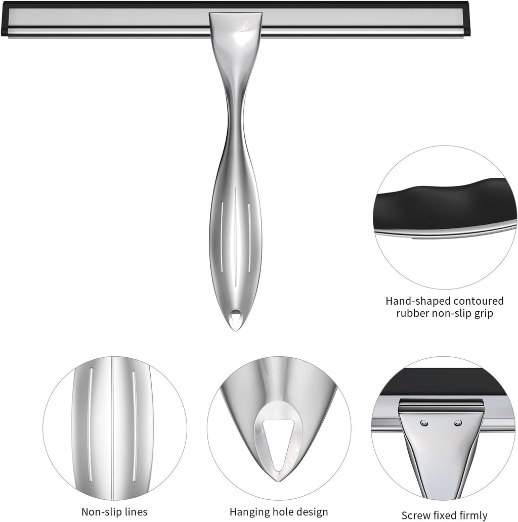 14-Inches Stainless Steel Shower Squeegee Set, Include Shower Door Hook, Adhesive Hook and Spare Silicone Blade, Window Squeegee for Shower Glass Door, Bathroom, Mirror, Window and Car Glass