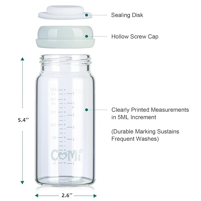 COMI Wide Neck Glass Breastmilk Collection n Storage Bottle, 8oz with Screw Ring Sealing Disk; Re-markable Sealing Disc. BPA Free, Fits Breast Pumps & Nipples (2 Gray Lids)