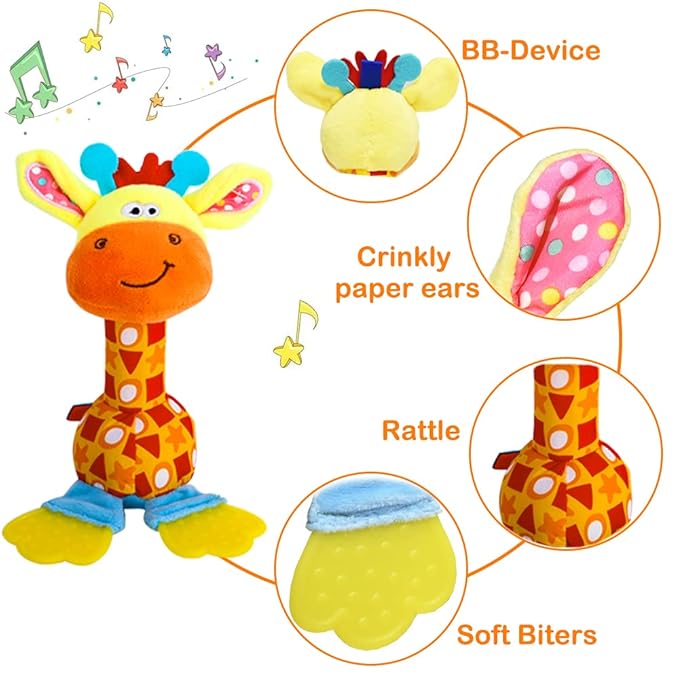 HUADADA Baby Soft Rattles Shaker, Infant Developmental Hand Grip Toys, Sensory Learning Toys with Teether, Sounds for Baby, 3-6-9-12 Months Old