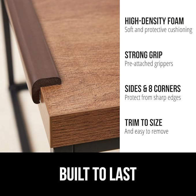 GORILLA GRIP Baby Proof Corners and Edges for Furniture, Kid Proofing Adhesive Table Corner Protectors, Heavy Duty Soft Rubber Foam Protection, Includes 8 Protective Safety Guards, 18 Feet, Brown