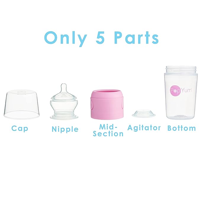 PopYum Pink Formula Making Baby Bottle Starter Set, 4-Pack, 2X 5oz Bottles with #1 Slow Flow Nipples + 2X 9oz Bottles with #2 Medium Flow Nipples, Mixing, Dispenser