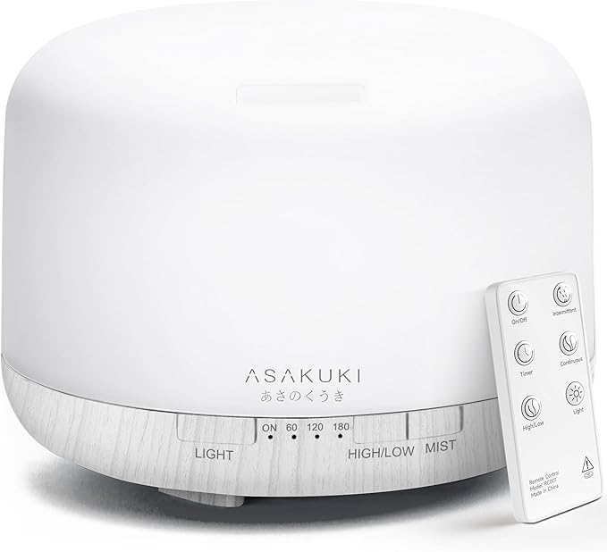 ASAKUKI 500ml Premium Essential Oil Diffuser with Remote Control, 5 in 1 Ultrasonic Aromatherapy Fragrant Oil Humidifier Vaporizer, Timer and Auto-Off Switch (White)