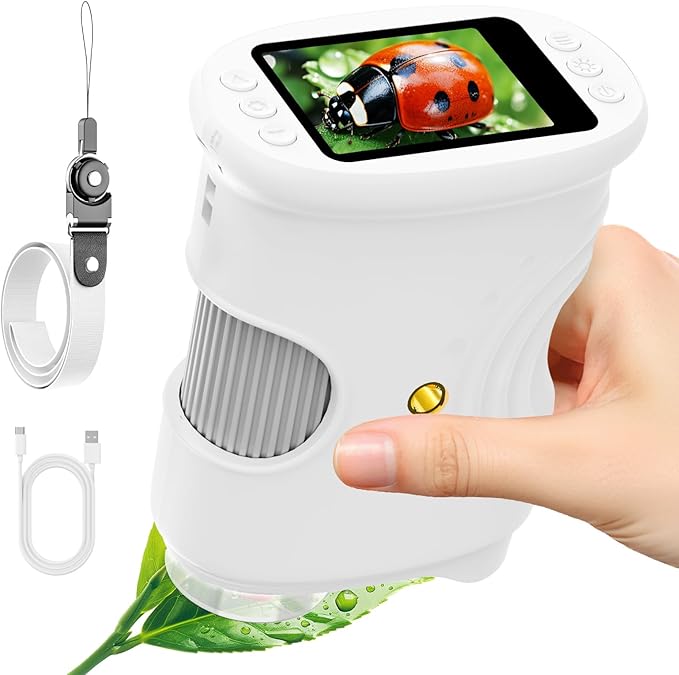 Handheld Microscope for Kids with 2" Screen, Pocket Microscope Magnifying Glass for Kids, Portable STEM Toys for Age 5 6 7 8 9 10 11 12, Photo & Video Edu Gift USB Rechargeable - White