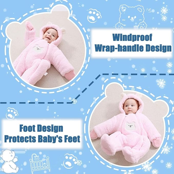 Fairy Baby Newborn Baby Winter Snowsuit Bear Thick Romper Footie Double Zip Hooded Jumpsuit Fleece Coat Infant Boy Girl 0-12M