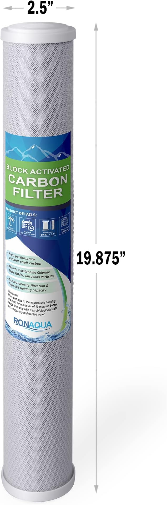 Standard Whole House Coconut Shell Carbon Block 5 Micron Water Filter 20” x 2.5” Fits 20” x 2.5” Housings. Remove Chlorine and Bad Odor. Compatible with C1-20, HX-CB-25-2010, F3WCB32 Pack of 2