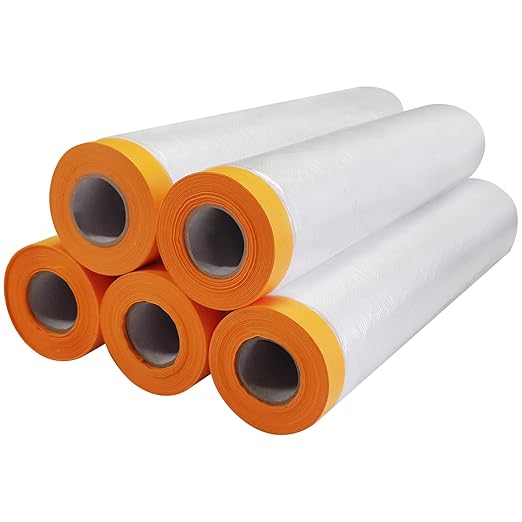 5 Rolls Pre-Taped Masking Film - Masking Film Plastic for Car Paint, Furniture Protection (7.9 Feet X 65.6 Feet)