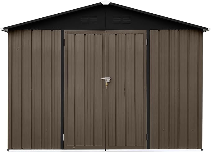 Storage Shed 8ft×6ft Classic Apex Roof Tool Shed Outdoor Storage Metal Garden Storage Sheds Tool Cabinet with Hinged Door Syste for Backyard, Patio, Poolside, Brown + Black