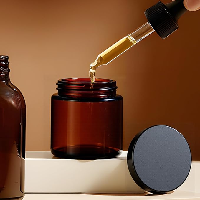 4 oz Glass Jars with Lids, Hoa Kinh 40 Pack Amber Small Glass Jars with Black Lids Empty Cosmetic Containers Airtight Round Glass Jar for Lotions, Powders and Ointments