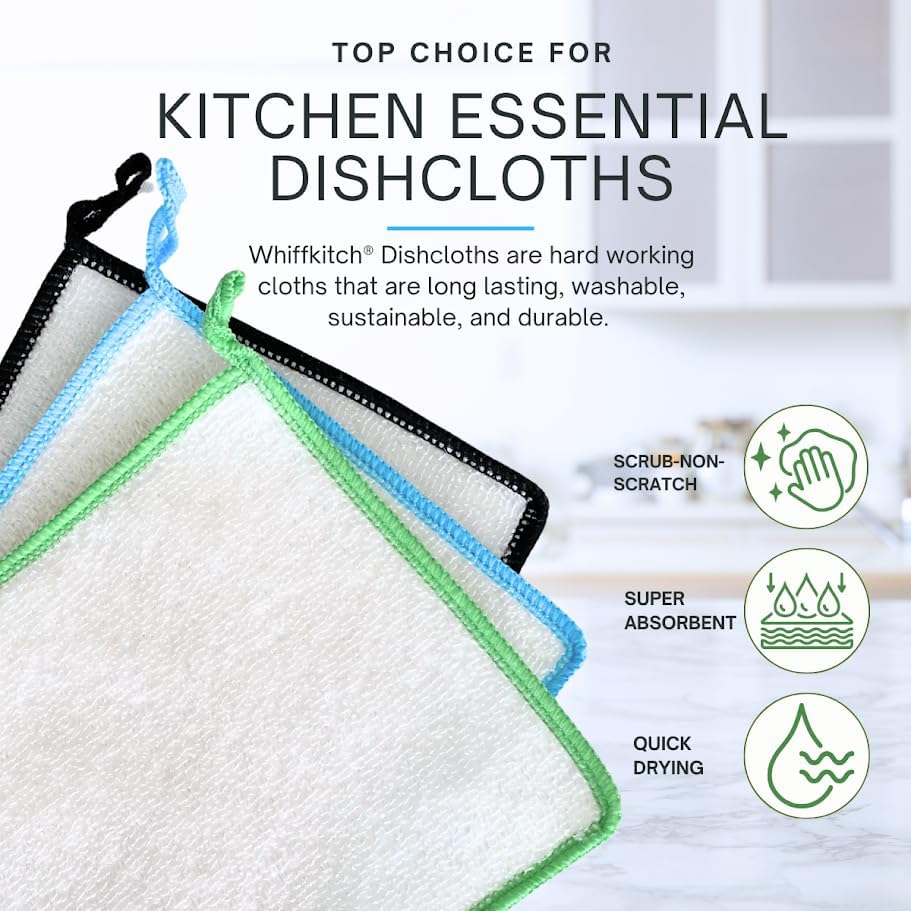 Whiffkitch Dishcloths Dishrags for Kitchen and Household Cleaning 6x7 3-Pack Non-Scratch 2-Ply Weave, Bamboo-Rayon Fabric, Absorbent, Washable, Long-Lasting