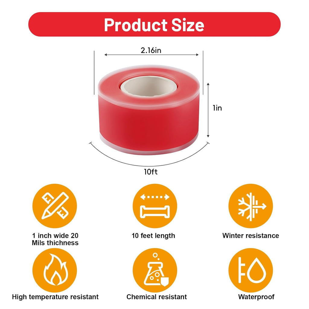 Self Fusing Silicone Tape 4 Rolls 1 in x 10' Red Waterproof Rescue Tape Rubber Leak Silicone Self-amalgamating Tape for Plumbing, Sealing Pipes, Hose Repair, Outdoor Coax and Tool Fixation