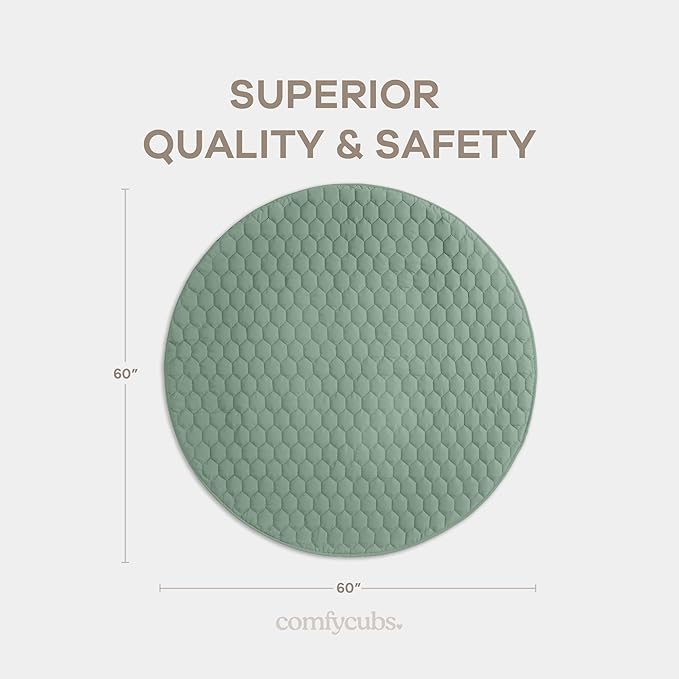 Comfy Cubs Round Kids Play Mat - Large 60 inches Soft Quilted Baby Floor Mat with Non-Slip Bottom - Plush Design for Toddlers' Playtime and Relaxation - Comfortable and Durable - Fern