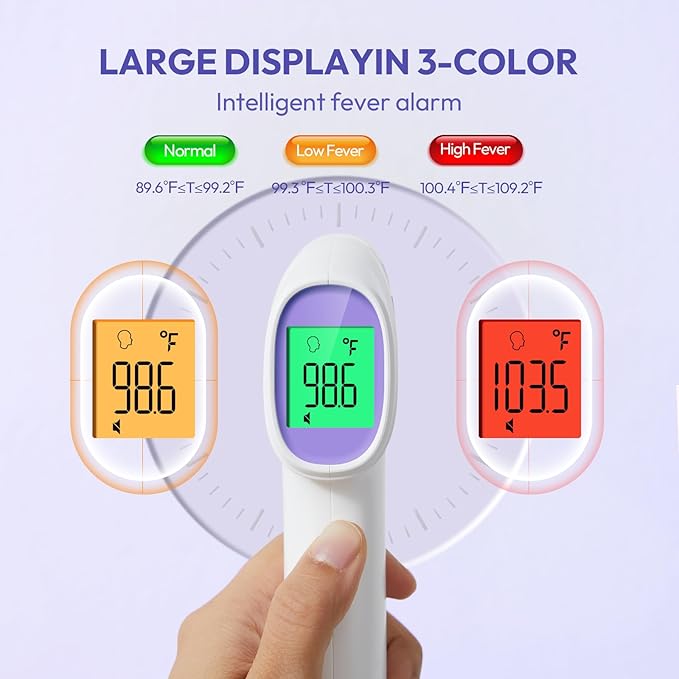 Forehead Thermometer for Adults, Kids & Babies, No-Touch Digital Thermometer with LCD Backlight Display, Fever Alarm and 1s Instant Reading - Purple