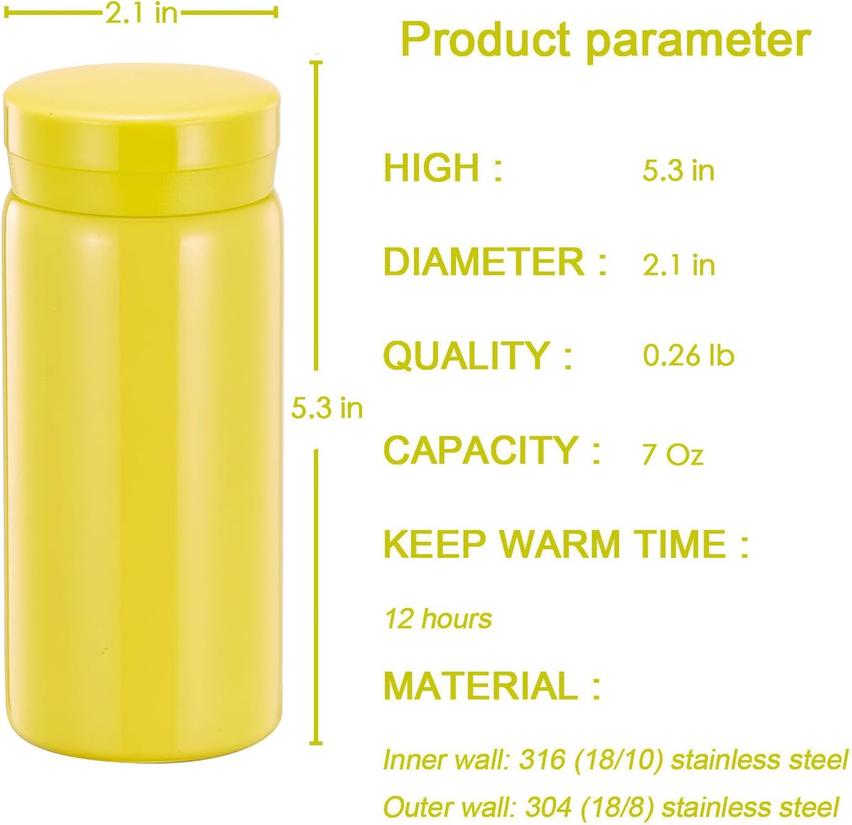 Mini Thermos Cute Water Bottle - 7 oz Tiny Insulated Vacuum 18/10 Stainless Steel Small Flask - Leak Proof & Spill Proof & Keeps Cold and Hot for Drink, Coffee, Tea - Yellow