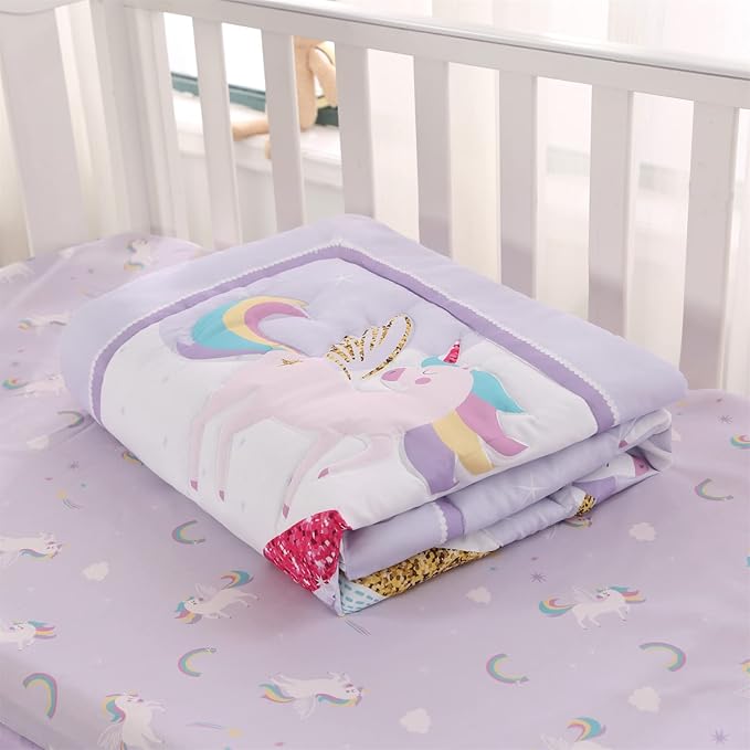 Wowelife Mini Girl Crib Bedding Set, 3 Piece Unicorn Mini Crib Comforter Set, Baby Girl Nursery Bedding Set Include Breathable Comforter, Crib Skirt and 38x24 Sheet, Purple
