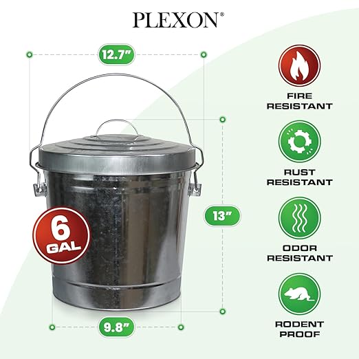 Plexon 6 Gallon Small Metal Trash Can with Locking Lid Galvanized Metal Bucket with Lid for Poultry Feed Bird Seed Storage Ash Outdoor Garbage Trash Bin 2 Pack