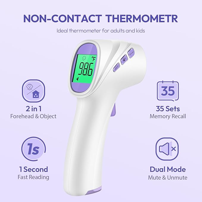 Forehead Thermometer for Adults, Kids & Babies, No-Touch Digital Thermometer with LCD Backlight Display, Fever Alarm and 1s Instant Reading - Purple