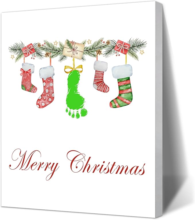 Handprint Keepsake DIY Kit, Baby's First Christmas Keepsake, Stocking Winter Decoration, Family Footprint Art for Kids, 7.8x9.8 Inch Canvas, Suitable For Desktop Wall Ornaments