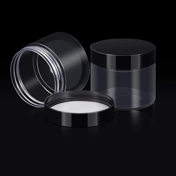 SATINIOR 24 Pieces Empty Clear Plastic Jars with Lids Round Storage Containers Wide-Mouth for Beauty Product Cosmetic Cream Lotion Liquid Butter Craft and Food (Black Lid, 2 oz)