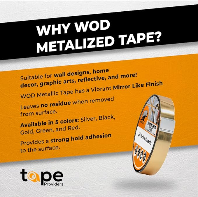 WOD MPFT2 Black Metalized Polyester Mylar Film Tape with Acrylic Adhesive, 1.5 inch x 72 yds. Vibrant Mirror Black Tape, Decor Tape for Detailing Accent Wall, Graphic Arts, Car and Boat Trim
