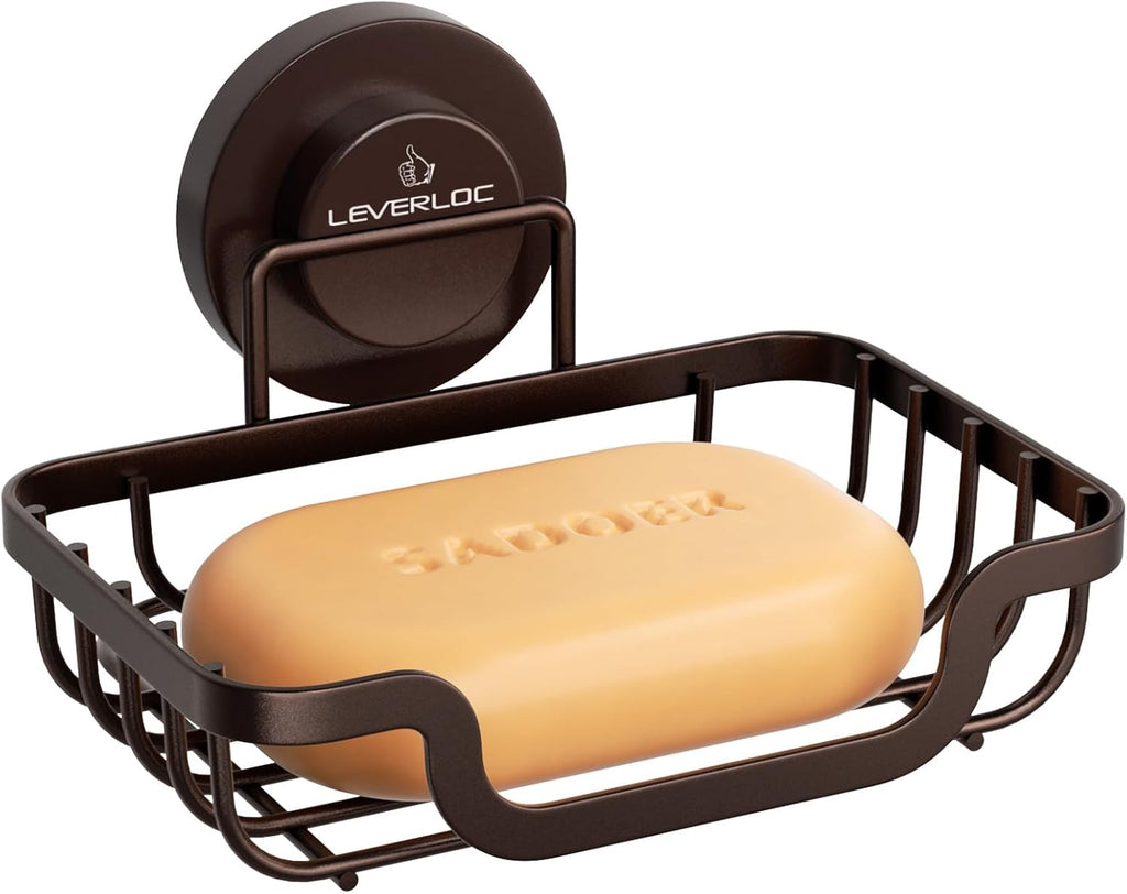 LEVERLOC Soap Dish, Soap Bar Holder for Shower Suction Cup Wall Mounted, Stainless Steel No-Drilling Removable Waterproof Sponge Holder for Bathroom Bathtub Kitchen Sink, Keep Dry, Brown