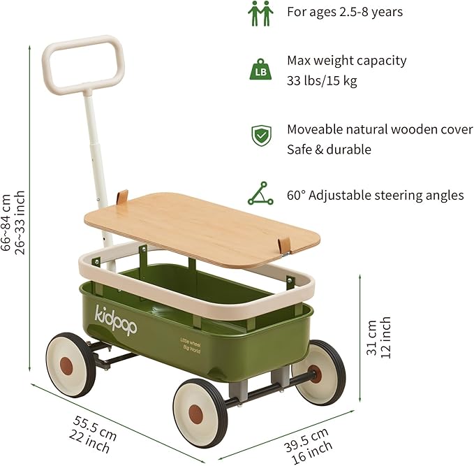 PULA-Wild 3-in-1 Kids' Pull-Along Wagon Toddlers Push Walker for 2.5-8, Removable Wooden Cover and Adjustable Handlebar, Birthday Gifts Max Weight 33 lbs (Green)