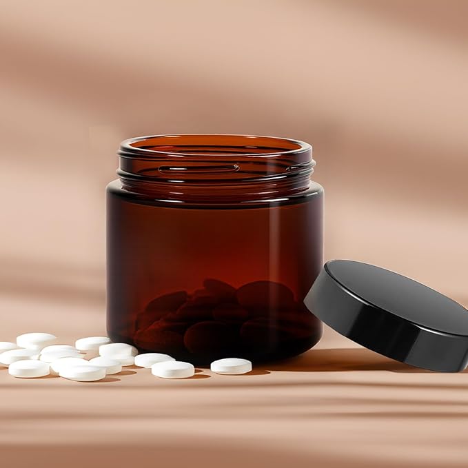 2oz Jars with Lids, HOA Kinh 40 Pack Amber Glass Jars with Lids Empty Cosmetic Containers Round Airtight Glass Jar with Black Lid for Storing Lotions Powders Ointments