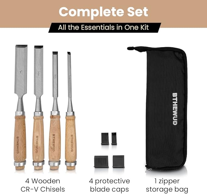 Wood Chisel Set – set of 4 Woodworking Chisels w/CR-V Steel Blades, Zipper Bag - Anti-Rust Coating Wood Chisels for Woodworking - Lightweight & Durable Carpenter Tools for Woodworking