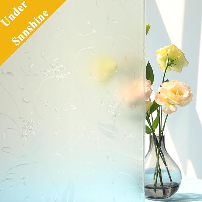 Mikomer Privacy Window Film Etched Flowers Static Cling Glass Door Film, Non Adhesive Heat Control Anti UV Window Cling for Office and Home Decoration,35 inches by 78.7 inches