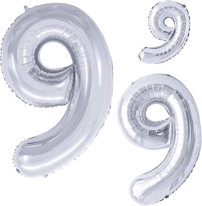 GOER Silver Foil Balloons Number 9,Huge Number Balloons for 9th Birthday Party Supplies Anniversary Decorations(3 pcs,42 inch,32 inc,16inch)