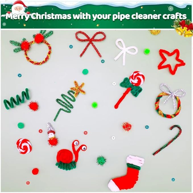 IOOLEEM Christmas Pipe Cleaners, 200pcs in 8 Christmas Colors, Chenille Stems for Christams, DIY Christmas Crafts and Party Decors, Art and Craft Supplies.