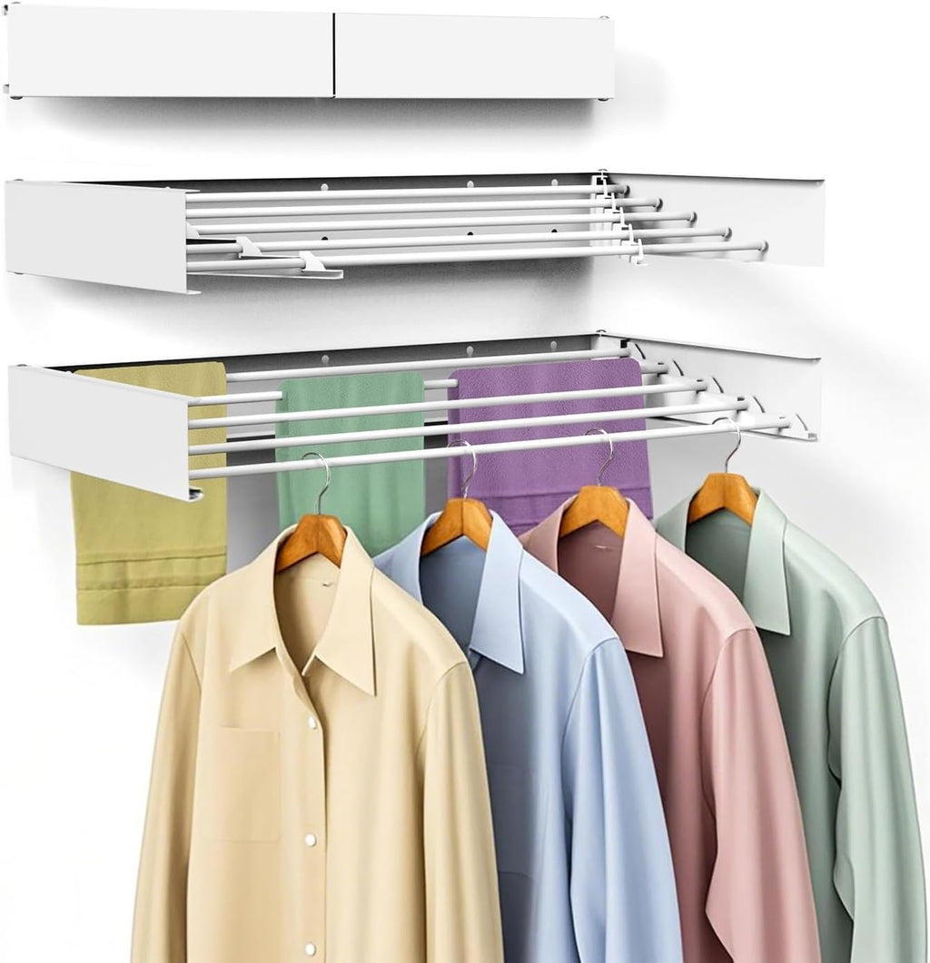 Laundry Drying Rack, Collapsible Wall Mounted Clothes Drying Rack - Foldable,Space Saving, 13.2 Linear Ft, 5 Aluminum Rods, 60 lb Capacity (White, 31.5)