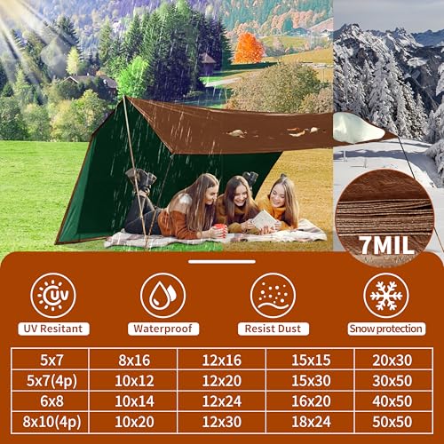 Tarp 5x7(4 Packs) ft 100% Waterproof 7mil Durable Grommets and Reinforced Edges,Uv Resistant,Green/Brown Tarp,Emergency Rain Shelter,Outdoor Cover and Camping Use -by MVPNET - size: 5x7(4p)
