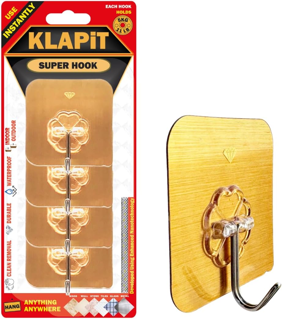 KLAPiT Super Hook - Heavy-Duty Adhesive Gold Wall Hooks, Holds Up to 11 lbs, Waterproof, No Damage, Easy Install on Tile, Wood, Stone, Glass & Metal - Made of Steel (Gold, 4pc)