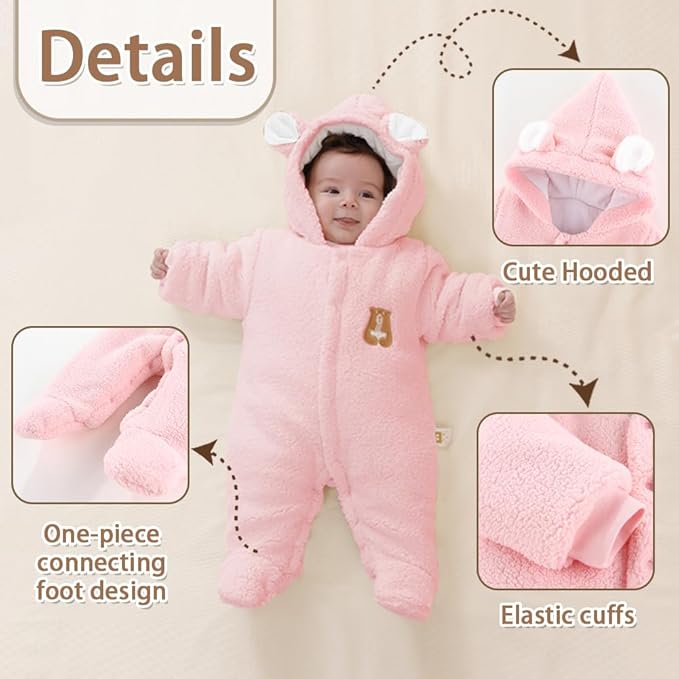 XIFAMNIY Newborn Fleece Footie Jumpsuit Hooded Warm Thicken Winter Outwear Snowsuit for Baby Girls and Boys