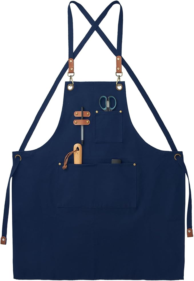 Canvas Aprons, Kitchen Chef Aprons, Work Aprons for Men Women, Adjustable Strap Aprons with 3 Pockets