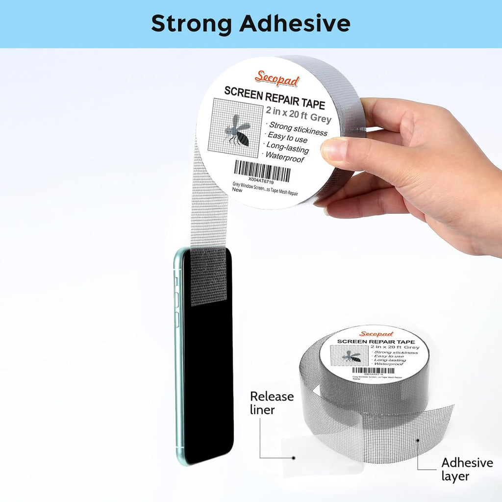 Grey Window Screen Repair Tape, 2IN X 20FT Screen Repair Kit for Windows or Doors, Strong Adhesive Fiberglass Mesh Patch Tape