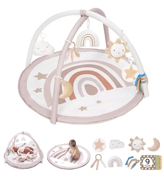 Baby Play Gym Mat, Tummy Time Activity Mat with 7 Detachable Toys and 12 Milestone Cards for Stage-Based Sensory and Motor Skill Development, Washable Play Mats for Infant, Newborn Baby Essentials