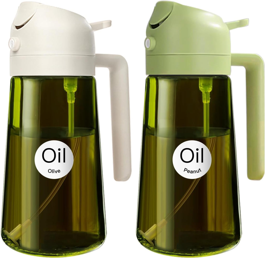 YARRAMATE 2PCS 16oz/470ml Oil Sprayer for Cooking with Stickers, Food-Grade 2 in 1 Olive Oil Dispenser Bottle for Kitchen, Premium Dark Green Glass Oil Bottle for Air Fryer, BBQ (White & Green)