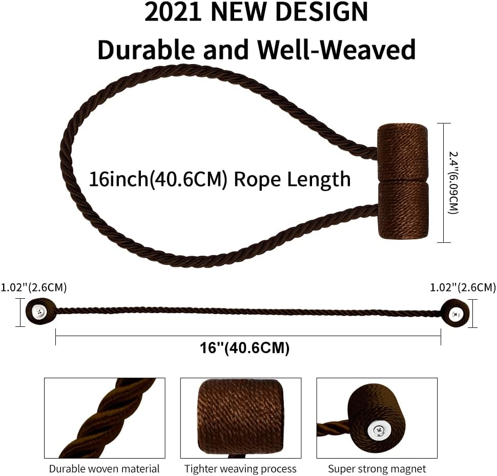 18 Inch Strong Magnetic Curtain Tiebacks, Curtain Holdbacks Modern Upgrade Strong 2021 New Twisted Style Decorative Drapery Rope Tie Backs(2 Pack Dark Coffee)