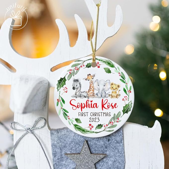 Unifury Personalized Baby First Christmas Ornament 2024, Keepsake for Babies First Christmas Tree, Holiday Decor for Celebrating Ceramic Babys 1st Christmas Ornament 2024, Safari Animal Holly