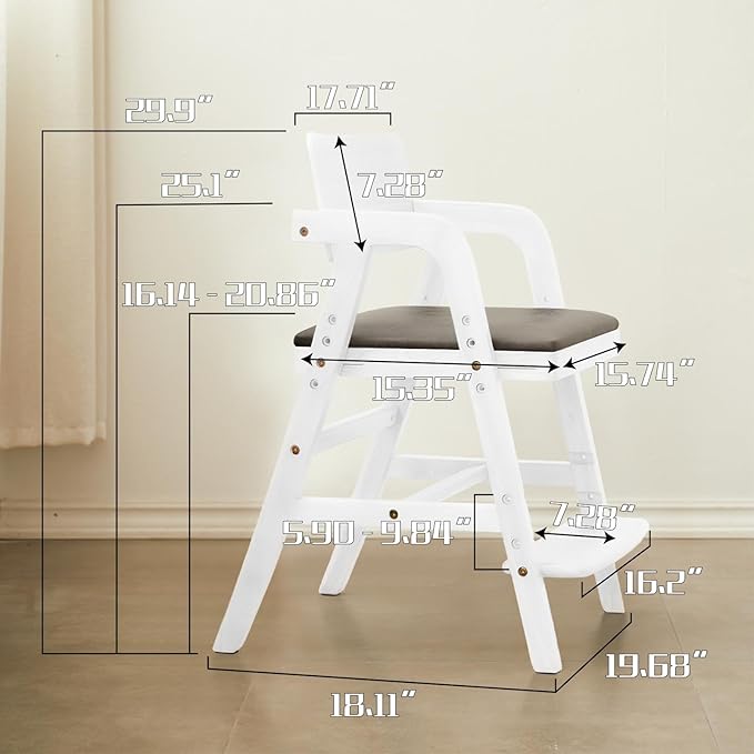 Solid Wood high Chairs for Toddlers,High Chair Grows with Kid for Dining, Study Chair for Children, White