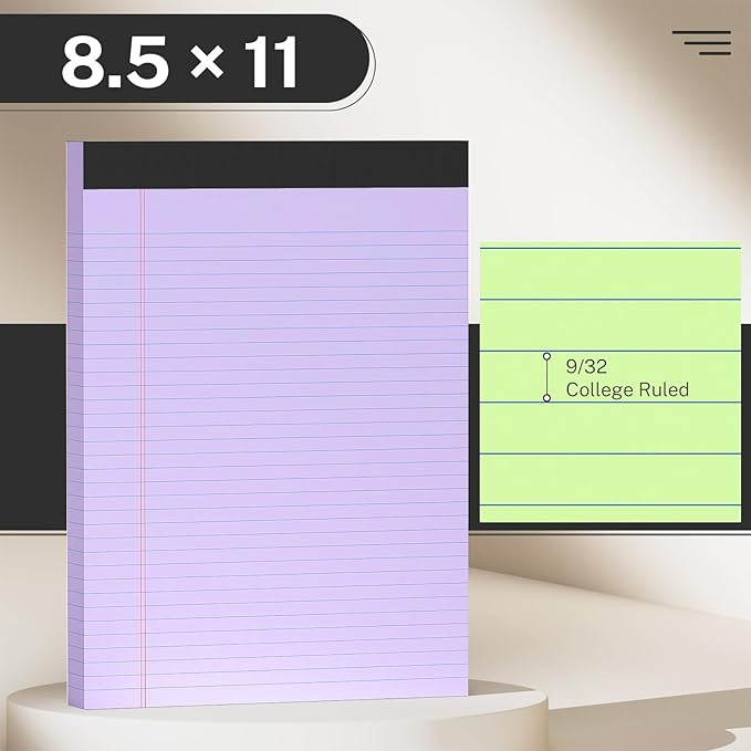5 Pack Colored Legal Pads 8.5 x 11 College Ruled Paper Note Pads Narrow Ruled 50 Sheets per Notepad Perforated Writing Pad Durable Sturdy Back 8x11 Pads of Paper Pink Purple Blue Green Yellow