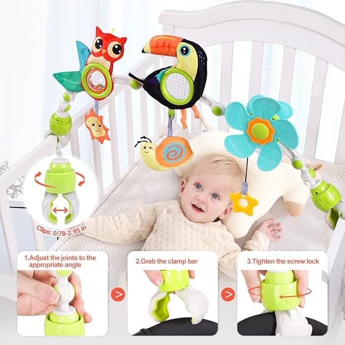 Koty Baby Stroller Arch Toy with Teether, Rattle, Crinkle Sound, Mirror & Music Box, Newborns Sensory Activity Carrier Take-Along Toy, Adjustable for Bouncers, Car Seat & Pram 0M+(Toucan)