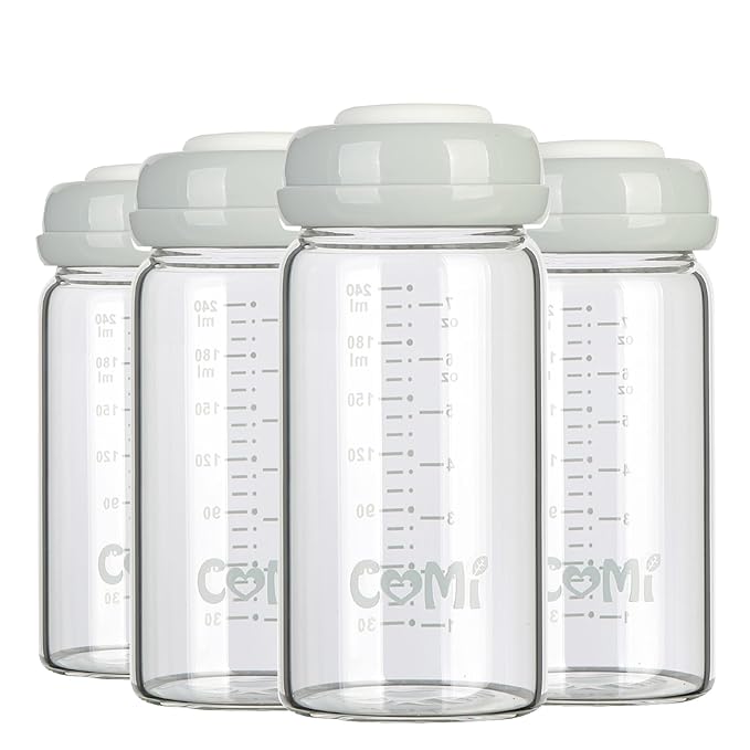COMI Wide Neck Glass Breastmilk Collection n Storage Bottle, 8oz with Screw Ring Sealing Disk; Re-markable Sealing Disc. BPA Free, Fits Breast Pumps & Nipples (4 Gray Lids)