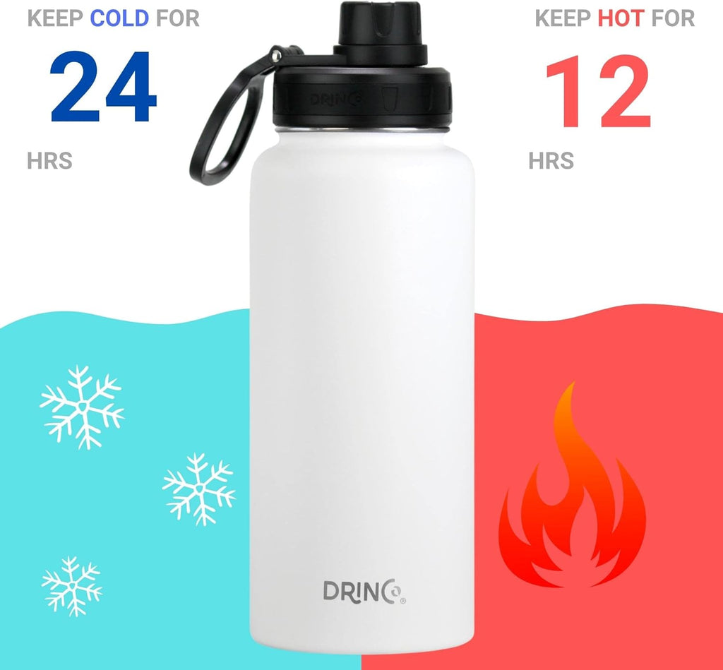 DRINCO Stainless Steel Water Bottle Spout Lid Vacuum Insulated Double Wall Water Bottle Wide Mouth (40oz 32oz 22oz 18oz 14oz) Leak Proof Keeps Cold or Hot (32 oz, 32oz Artic White)