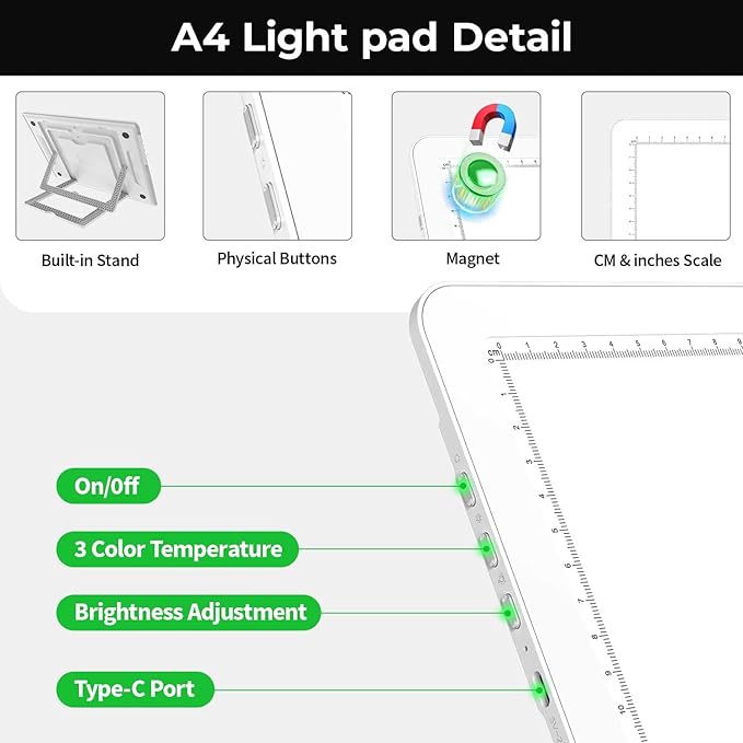 Zocelight Rechargeable A4 Light Pad with Built-in Stand & Bag,Super Bright Magnetic Light Box for Tracing,Wireless Diamond Art Light Board with Side Buttons, Light Table for Drawing,Sketching(White)