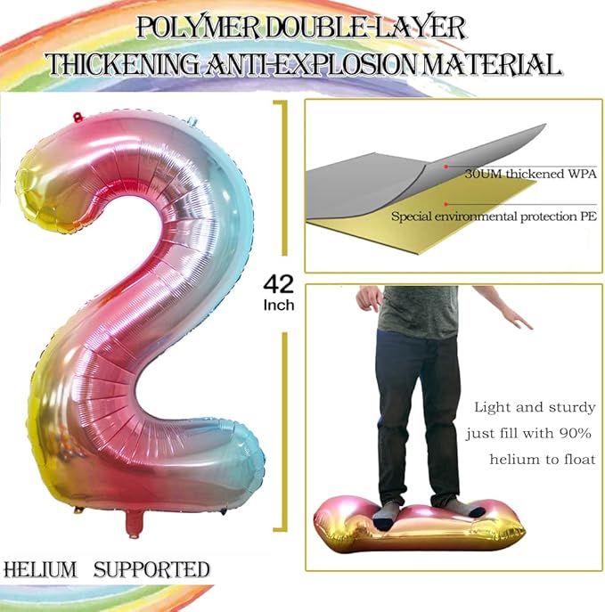 GOER Rainbow Foil Balloons Number 2,Huge Number Balloons for 2nd Birthday Party Supplies Anniversary Decorations (3 pcs,42 inch,32 inch,16inch)
