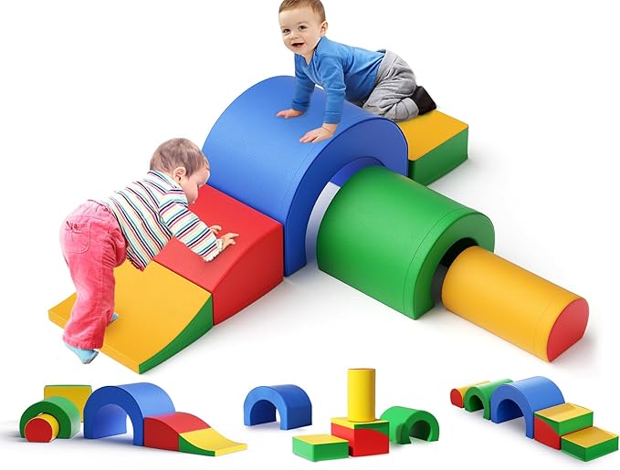 Lischwert Foam Climbing Blocks, Soft Climbing Toys for Toddlers, 5 Pieces Crawl and Climb Foam Playset with Foldable Block and Tunnel, Indoor Climber Activity Play Set for Kids Age 1+(Colorful)