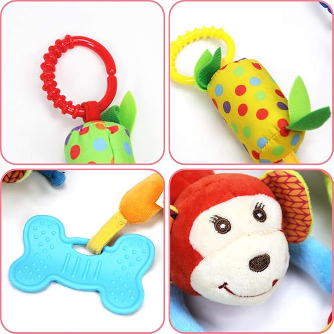 4 PCS Baby Soft Hanging Rattle Crinkle Squeaky Toy - Baby Toys for 0 3 6 9 to 1 Animal Ring Plush Stroller Infant Car Bed Crib Travel Activity Hanging Wind Chime with Teether for Boys Present